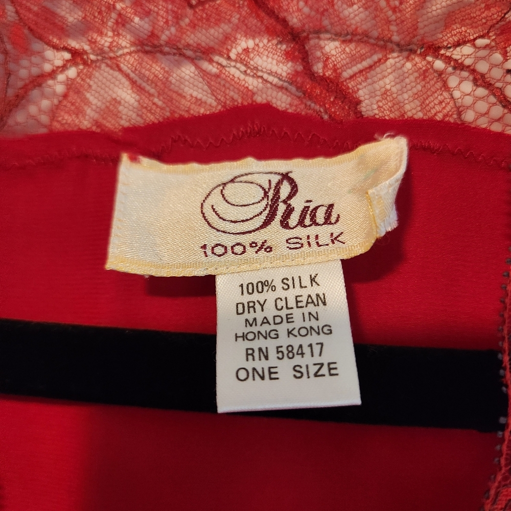 VINTAGE RIA Red 100% Silk Lace Night Robe Cover Up One Size - Picture 5 of 5